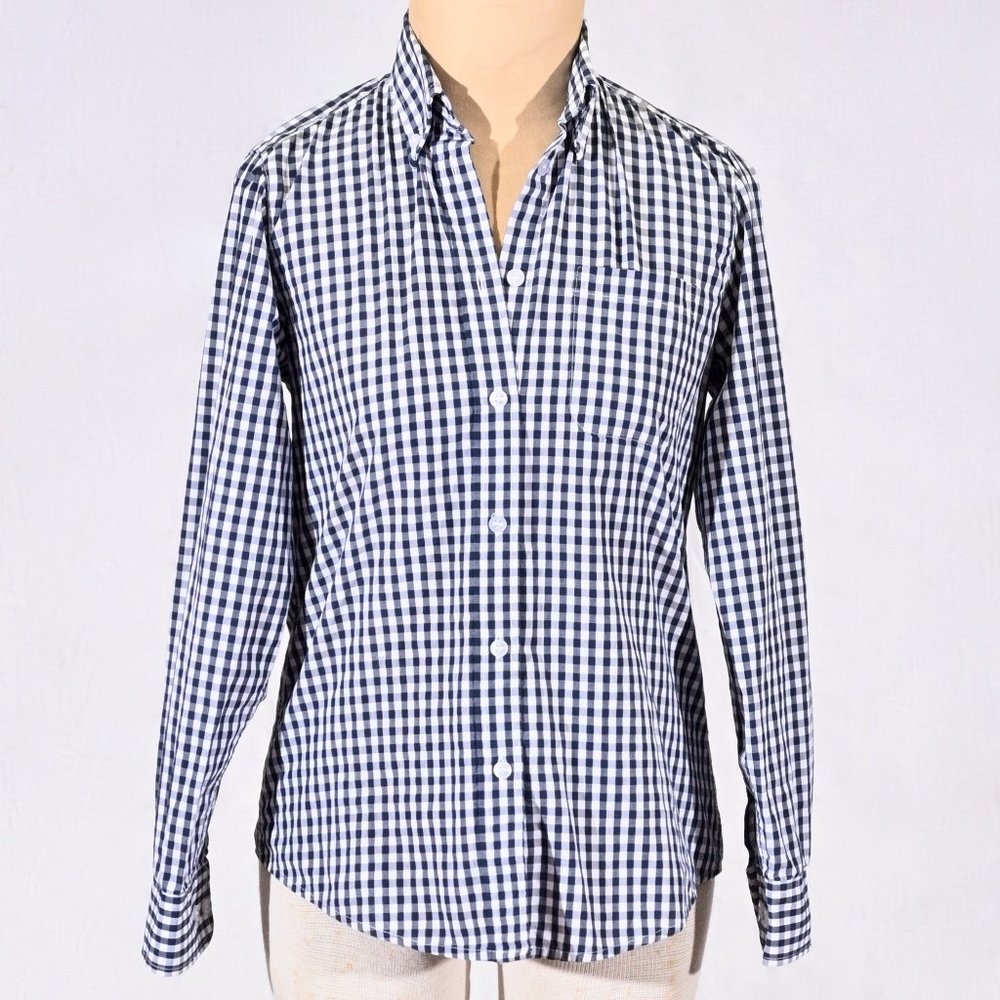 Dark Blue and White Checkered Stain-and-Water-Resistant Women's-Cut Button-Up; S